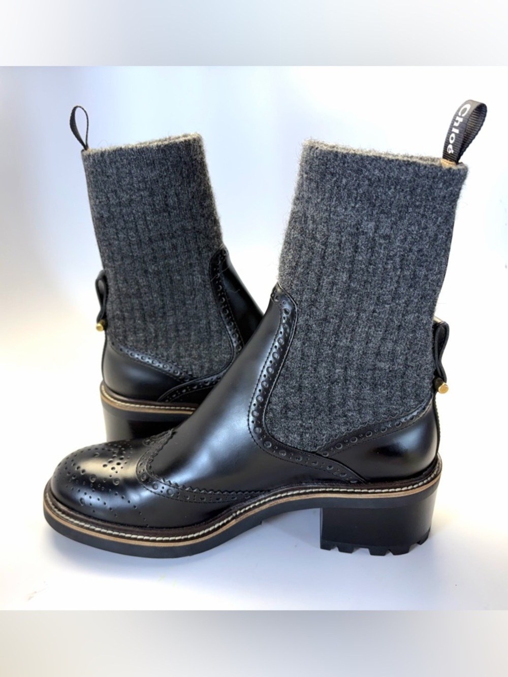 Chloè Franne Leather and Knitted Ankle Boots - Picture 6 of 8